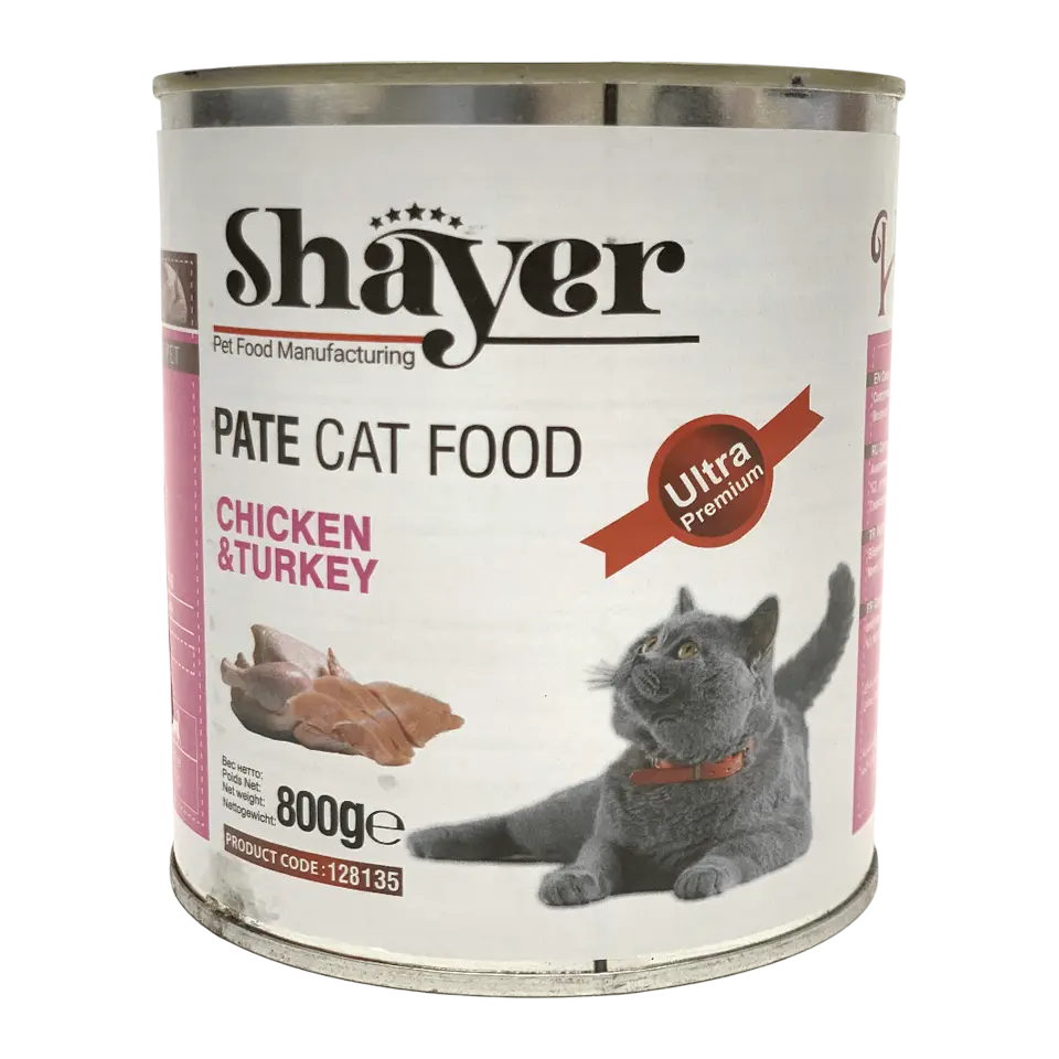 کنسرو پته ۸۰۰گرمی گربه شایر Shayer با طعم مرغ و بوقلمون